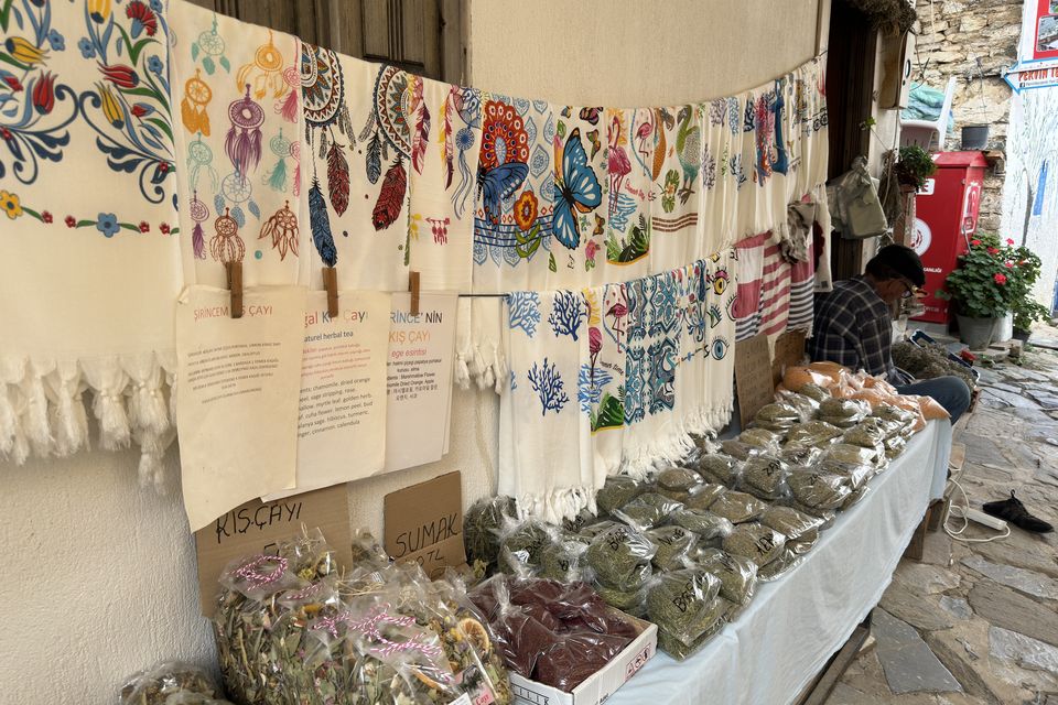 Hand-embroidered textiles at a local market